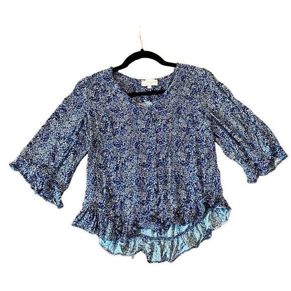 Cynthia rowley blue floral ruffle hem top small - Picture 2 of 9
